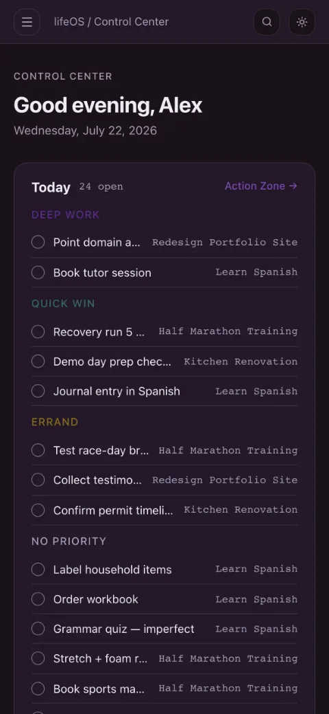 throughline's Control Center on a phone: today's action list grouped by priority